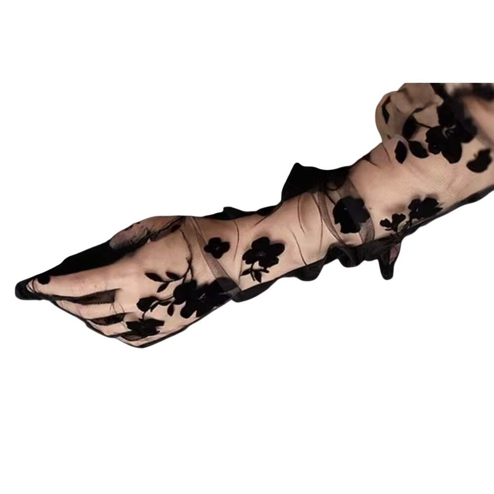 Elegant Black Mesh Long Gloves Velvet Floral Details Goth Whimsygoth Bridgerton